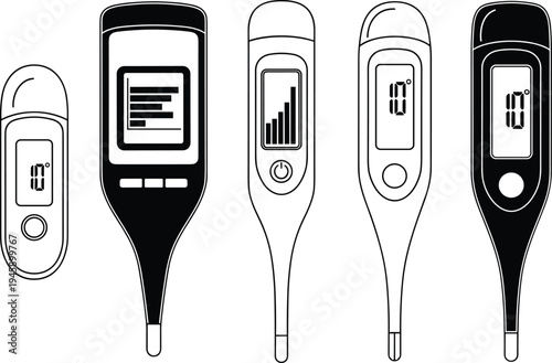 Digital thermometer medical device set, outline and silhouette temperature measurement tools for healthcare, fever check equipment icons, flat vector illustration