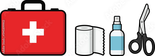 A first aid kit with medical supplies on a table indoors