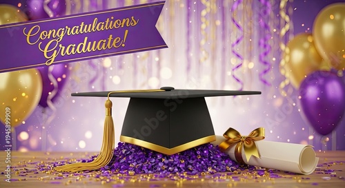 Levour day graduation celebration with purple and gold decorations