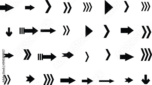 Various black arrow shapes and styles are presented in a neat structured layout on white