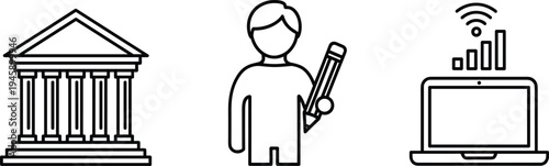 Education school building student and online learning laptop icons, digital education technology concept for academic study, flat vector illustration