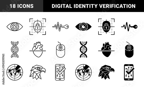 Biometric hybrid security icon set featuring dna sequencing with binary code human heart scanners and facial recognition lock symbols in dual style