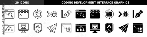 Software development and programming hybrid icons featuring terminal windows merged with DNA strands magnifying glasses bugs and network ports
