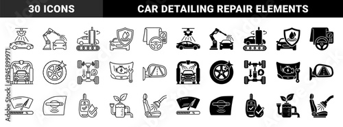 Automotive service and car wash maintenance hybrid icons featuring dual line and solid styles for vehicle detailing and mechanical repair systems