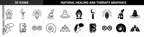 Mindfulness and Holistic Wellness Hybrid Icons Featuring Yoga Zen Stones Spiritual Crystals Candle Moon and Breathing Exercises Symbols