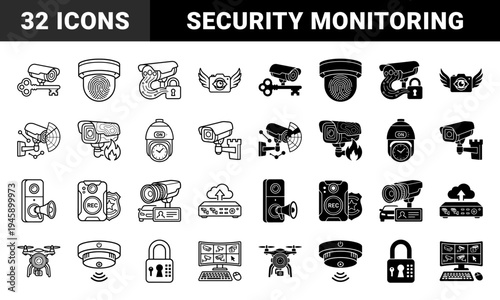 Surveillance Security Hybrid Concept Icons Featuring Camera Merged With Key Fingerprint Shield Cloud And Drone For Smart Protection Systems