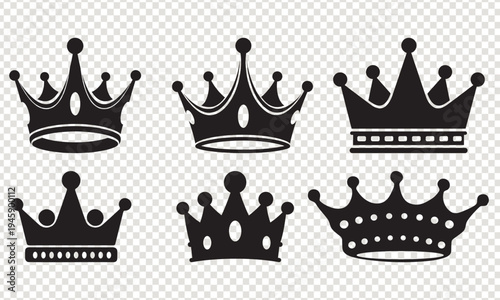 A diverse collection of five black crown silhouettes.