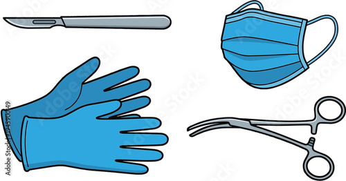 Medical professional tools and protective gear on a clean surface