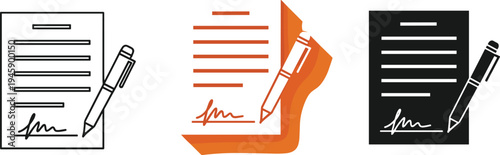 Document signature icon set, contract agreement signing concept, legal paperwork approval symbol, pen signing paper collection, flat vector illustration