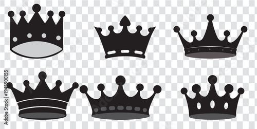 A varied set of six black crowns with grey accents.