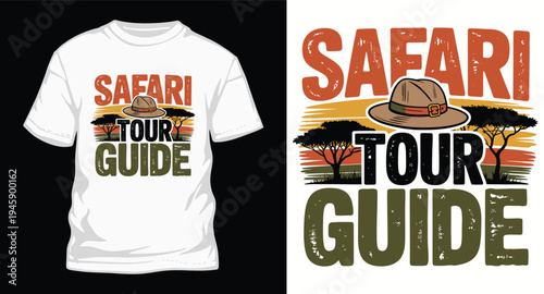 Safari tour guide hat and trees graphic t-shirt design, african sunset landscape, vintage adventure apparel print