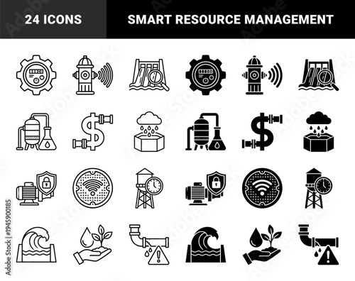 Hybrid Water Utility and Resource Management Icons Featuring Smart Metering Infrastructure Dam Monitoring Leak Detection and Sustainable Irrigation Systems