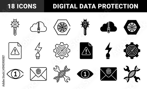 Hybrid cybersecurity and biological data protection icons featuring ladybug keys cloud zippers spider web hexagons and DNA helix wrenches in outline and solid styles