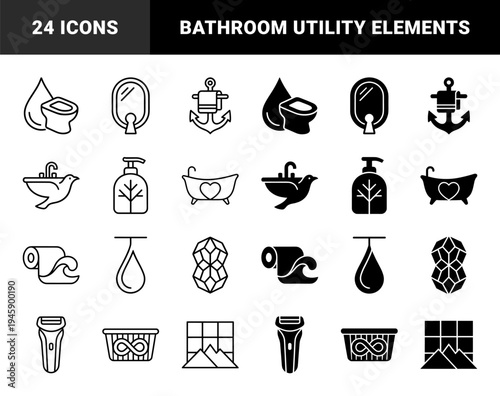 Hybrid bathroom and hygiene sign collection merging household objects with organic symbols like birds and waves in outline and solid styles