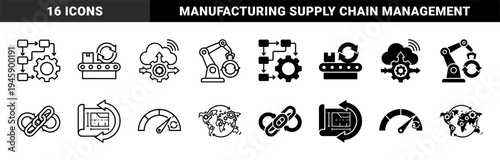 Industrial automation and supply chain logistics hybrid icons featuring circular economy symbols integrated with manufacturing robots and global trade maps