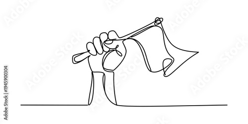 Continuous line drawing of a fist raised high, holding a flag, symbolizing protest and freedom Vector, illustration