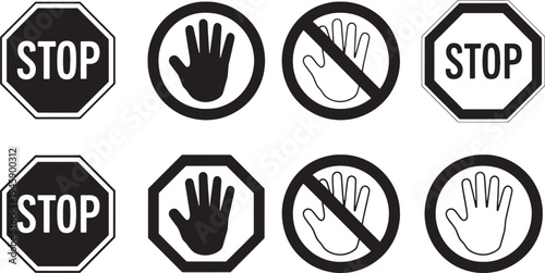 Black and white stop signs and hand symbols for traffic and warning  various designs