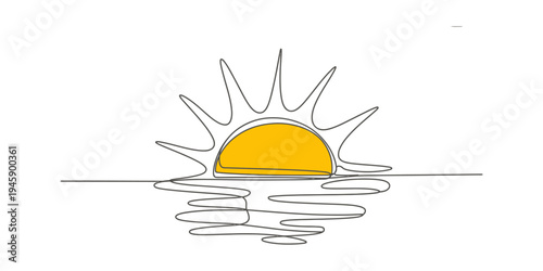 Continuous line drawing of a sunset or sunrise over the ocean with reflections in the water Vector, illustration