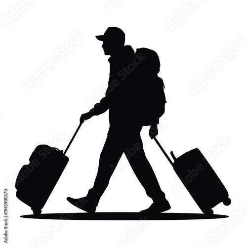 Silhouette of a traveler with luggage and backpack
