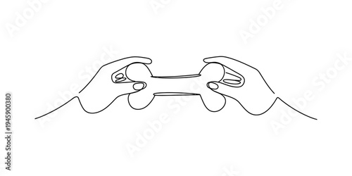 Continuous line drawing of two hands engaged in a tug-of-war over a bone-shaped object, symbolizing conflict or sharing. Vector, illustration