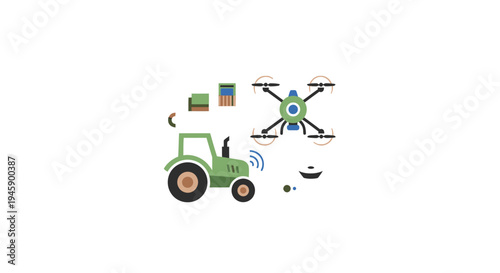 Green tractor with drone nearby farm.