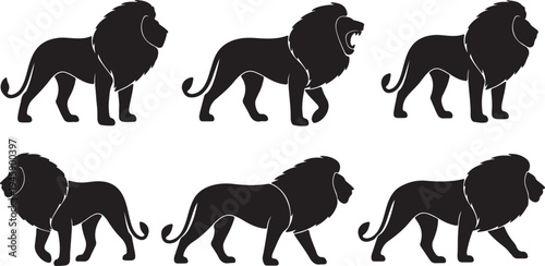 Lion Silhouette Vector Set - Roaring and Walking African Lion Icon Collection
