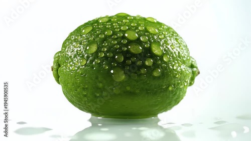 Close up of a fresh green citrus fruit with water droplets on white