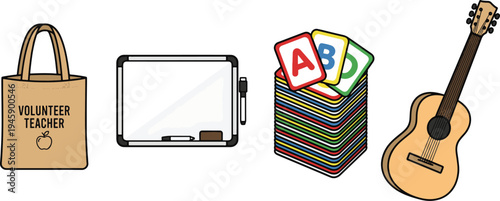 A volunteer teacher's bag, tablet, educational cards, and guitar for a fun learning experience.