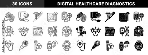 Biometric healthcare hybrid icons featuring medical devices merged with digital data symbols like dna helix artificial intelligence brain and cloud networks
