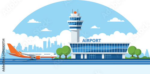 Airport terminal building with control tower and airplane runway aviation transport flat vector illustration