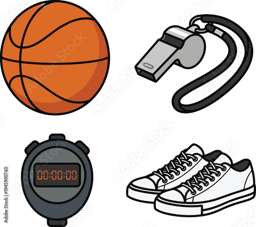 A basketball, referee whistle, stopwatch, and sneakers on display for sports.