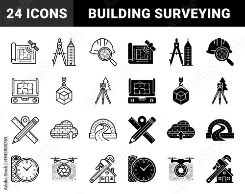 Civil Engineering and Surveying Hybrid Icons Featuring Satellite Blueprint Integration Drone Topography and Architectural Measurement Tools