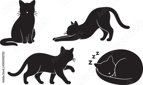 Black Cat Silhouette Vector Collection - Sitting, Stretching, and Sleeping Feline Set