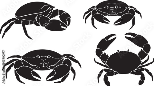 Crab Silhouette Vector Set - Marine Crustacean and Seafood Icon Collection