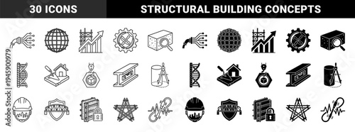 Construction Engineering Hybrid Icons Merging Industrial Tools with Data Charts Structural Elements and Architectural Blueprints in Dual Style