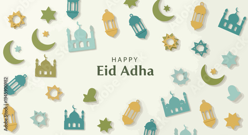 Minimal cream background with lanterns Happy Eid Adha card isolated white background