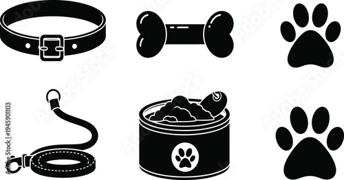Dog pet icon set with collar leash bone paw prints and food bowl animal care vector illustration