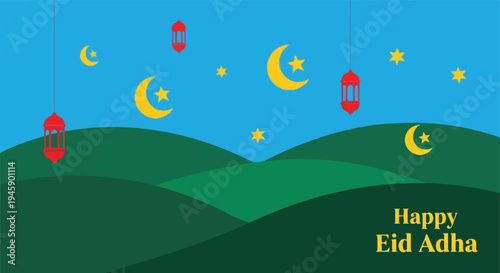 Green hills night sky with lanterns Eid Adha illustration isolated white background

