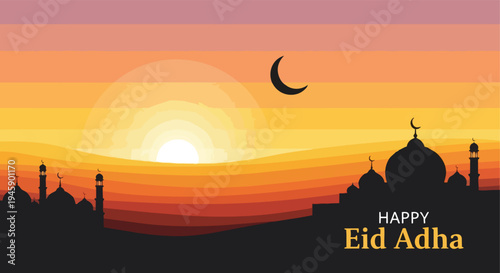 Sunset landscape with crescent Eid Adha background isolated white background

