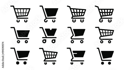 Collection of twelve black shopping cart icons on white