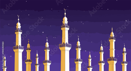 Purple sky mosque towers Eid Adha card isolated white background

