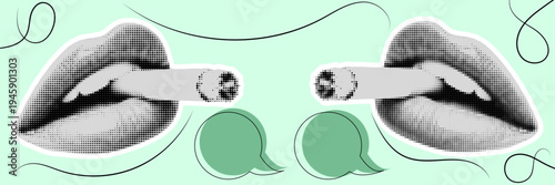 Halftone pop art dot mouth holding cigarette smoking lips addiction tobacco concept vector illustration