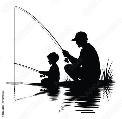 Silhouette of father and son fishing together by the water with reflections