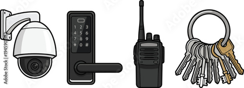 Security equipment and keys on a white background with a door lock