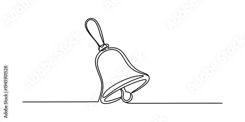 A stylized continuous single line drawing of a classic hand bell, capturing its form with minimalist elegance Vector, illustration