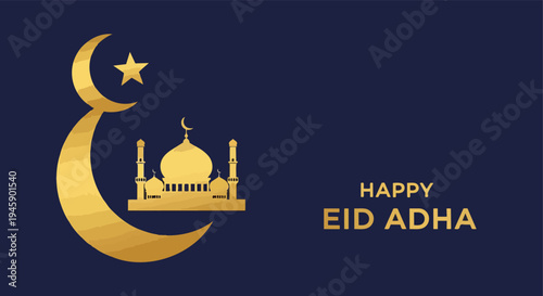 Dark blue mosque silhouette Eid Adha greeting isolated white background

