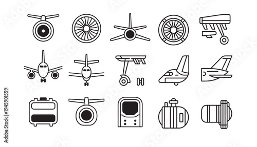 Aviation and Aircraft Component Line Icons airplane