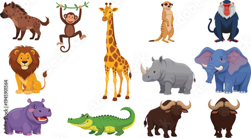 African safari animals collection lion giraffe elephant rhinoceros hippopotamus crocodile monkey cartoon flat vector illustration set