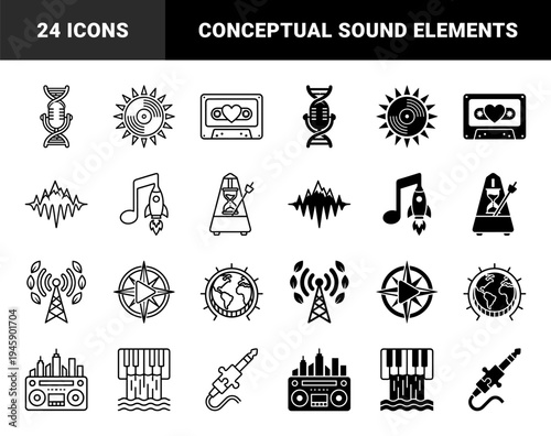 Abstract Audio and Nature Hybrid Symbols Featuring DNA Microphone Waveform Mountains and Piano Waterfall Designs in Outline and Solid Styles