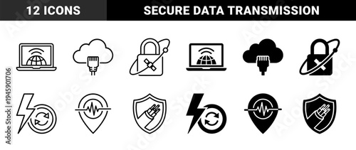 Hybrid telecommunications and network connectivity icons featuring fiber optic cables protected by shields satellite security padlocks and cloud ethernet integration